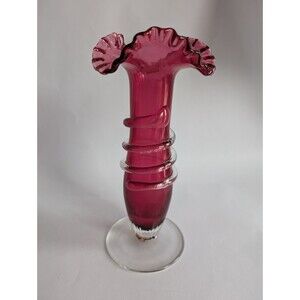 Cranberry Glass Vase Applied Rigaree Ruffled Edge Antique Ribbed